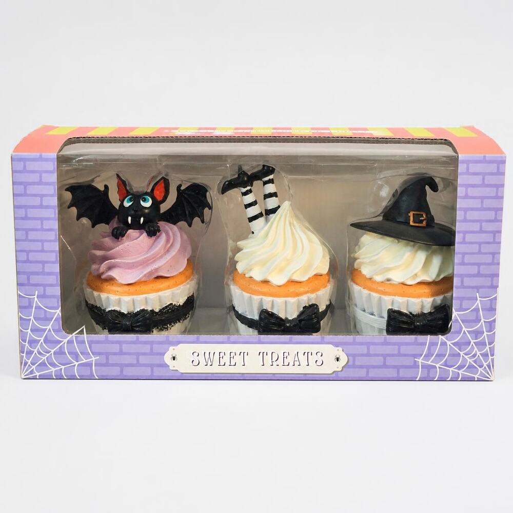 Sweet Treats Halloween Cupcake Figurines Set of 3 Faux Resin Decor NIB Bat Witch